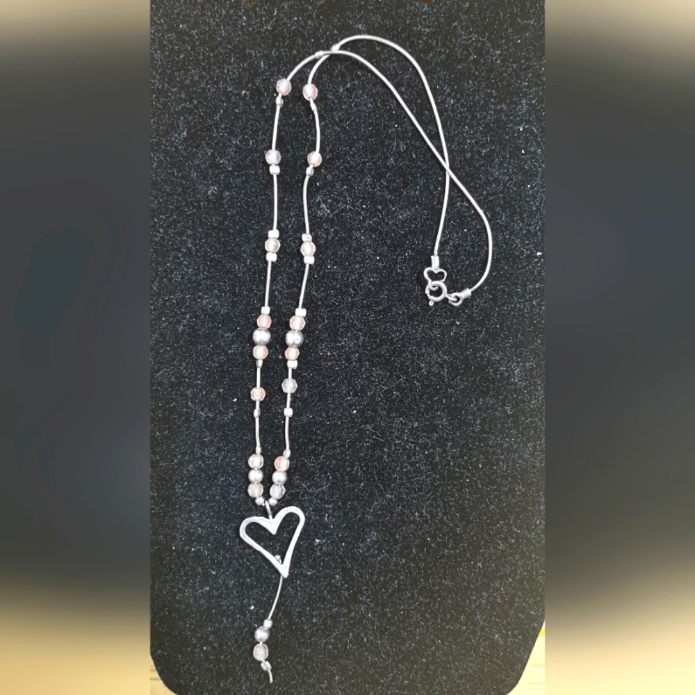 KAI Signed Sterling Silver 925 Pink Bead Heart Necklace
